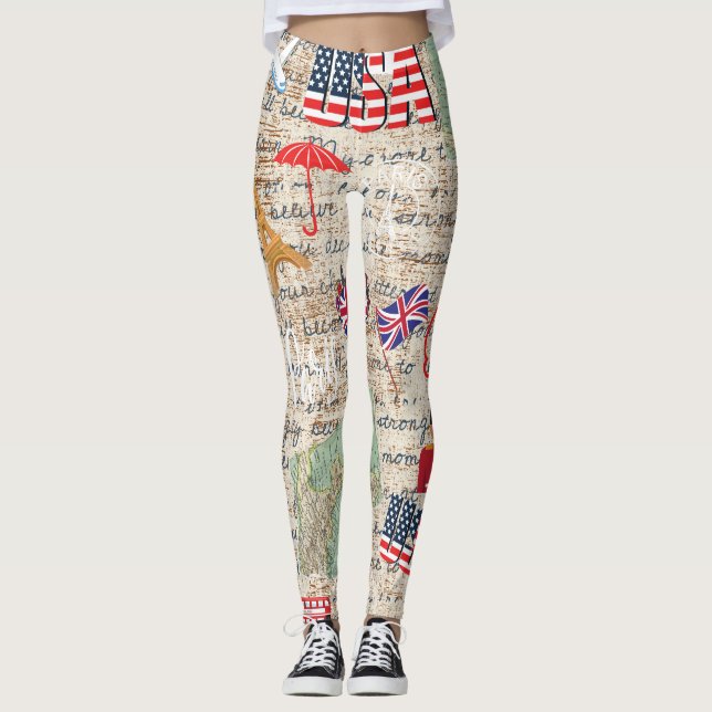 Unique Fashion United Staaten Maps und Text rustik Leggings (Vorderseite)