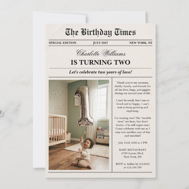 Unique Fun Newspaper Photo 2nd Birthday Einladung (Vorderseite)