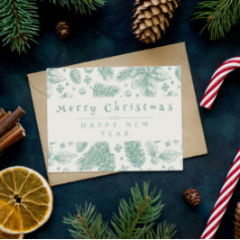 Unique Green Floral Line Art Merry Christmas Feiertagskarte