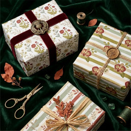 Unique Green Red Botanical Floral Watercolor TMF26 Geschenkpapier Set