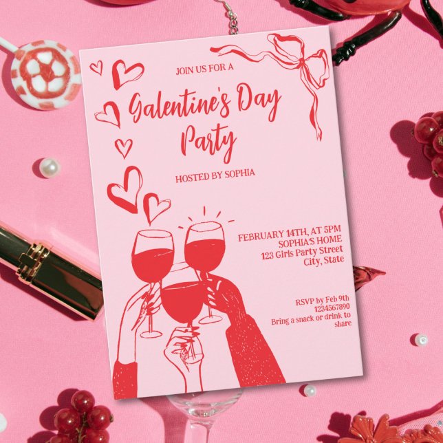 Unique Hand Drawn Pink Red Galentine's Day Party Einladung (Unique Hand Drawn Pink Red Galentine's Day Party Invitation)