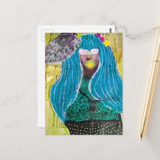 Unique Lady With Blue Hair Mixed Media Collage Postkarte (Vorderseite/Rückseite Beispiel)