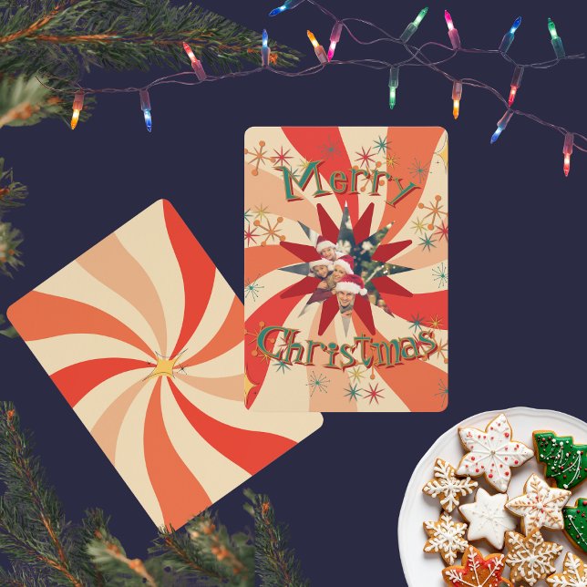 Unique Mid Century Modern Atomic Art Family Photo Einladung (Mid-Century Modern  Christmas cards with retro font and your family photo with personalized text)