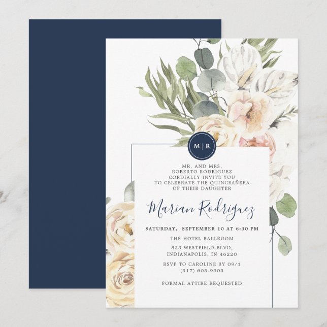 Unique Navy Floral Eucalyptus Monogram Quinceañera Einladung (Vorne/Hinten)