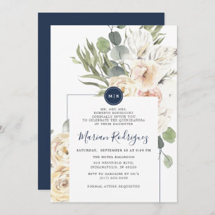Unique Navy Floral Eucalyptus Monogram Quinceañera Einladung