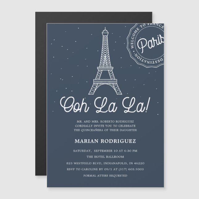 Unique Navy & Gold Eiffel Tower Paris Quinceañera Magneteinladung (Vorne/Hinten)