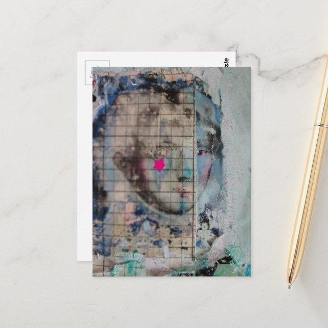 Unique person mixed media Collage pink star Postkarte (Vorderseite/Rückseite Beispiel)