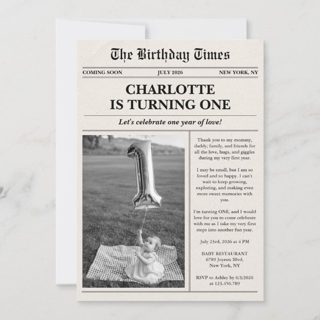 Unique Photo Newspaper First Birthday Einladung (Vorderseite)