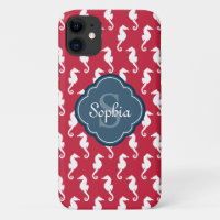 Unique Red Seepferd Pattern Blue Monogram