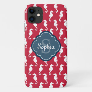 Unique Red Seepferd Pattern Blue Monogram Case-Mate iPhone Hülle