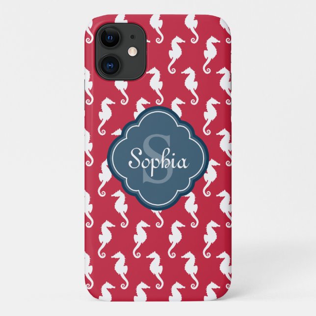 Unique Red Seepferd Pattern Blue Monogram Case-Mate iPhone Hülle (Rückseite)