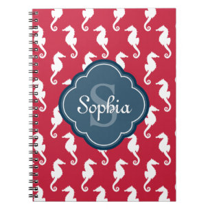 Unique Red Seepferd Pattern Blue Monogram Notizblock