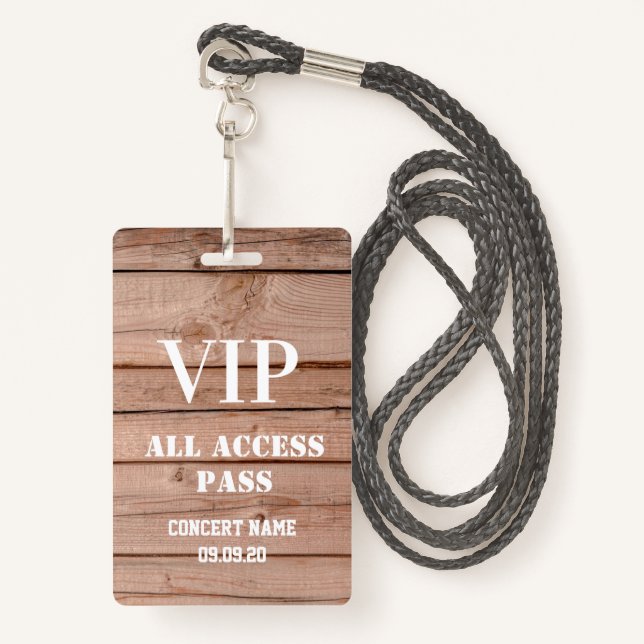 Unique Rustic Wood Concert All Access Pass Vip  Ausweis (Vorderseite mit Schlüsselband)