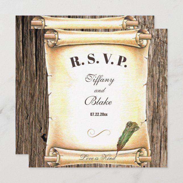 Unique Scroll & Feather Pen Wedding  Einladung (Vorne/Hinten)