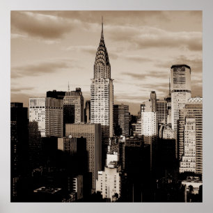 Unique Square Sepia New York Ink Sketch Poster