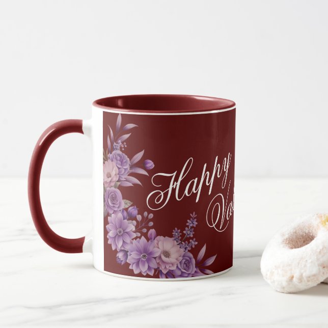 Unique Stylish Floral Happy Valentine's Day Maroon Tasse (Mit Donut)