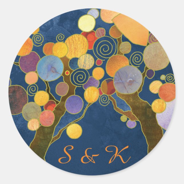 Unique Trees Blue Gastgeschenk Hochzeit Runder Aufkleber (Vorderseite)