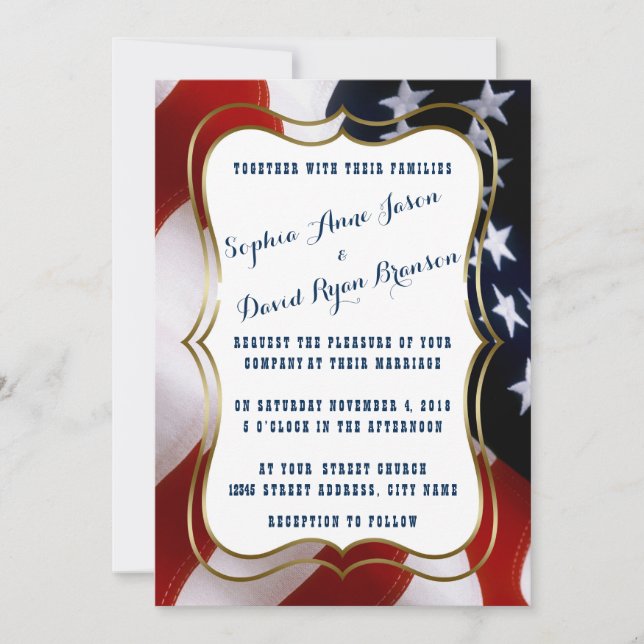 Unique USA Flag Gold Wedding Custom Einladung (Vorderseite)