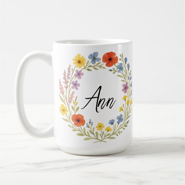 Unique Watercolor Wild Flower Wreath Customizable  Kaffeetasse (Links)