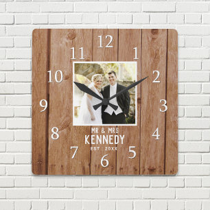 Unique Wedding Foto Anniversary Wood Personalized Quadratische Wanduhr
