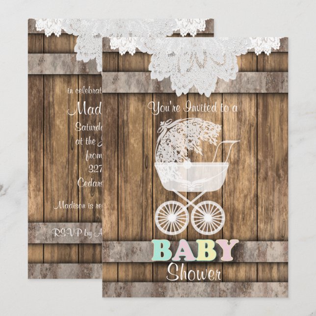 Unisex Baby 👶 Dusche in rustikalem Holz und Spitz Einladung (Vorne/Hinten)