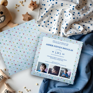 Unisex Denim Polka Dots 3 Fotos Kindergeburtstag Einladung