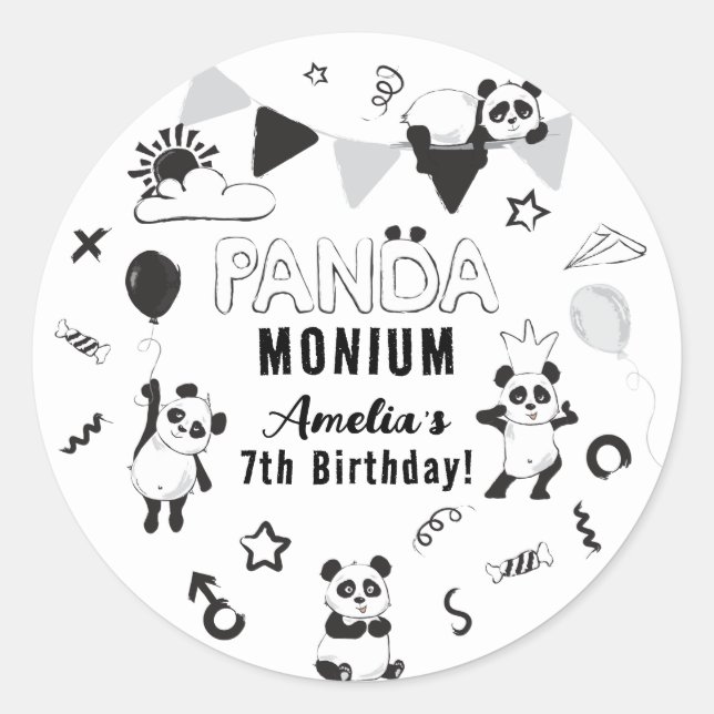 Unisex Fun Panda-Monium Kindergeburtstag Party Runder Aufkleber (Vorderseite)