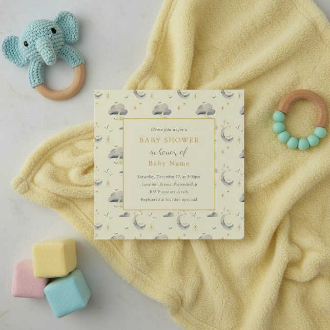 Unisex Mond und Wolken Einladung zur Babydusche (Unisex moon and clouds baby shower invitation.)
