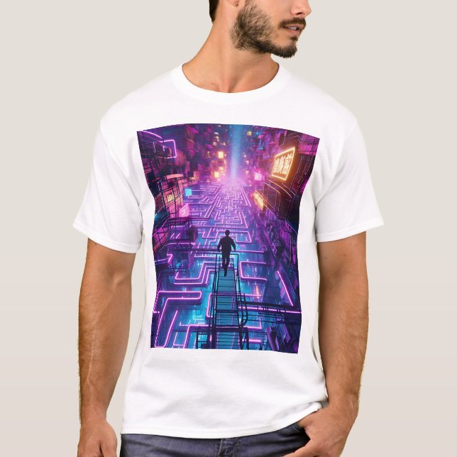 Unisex Neon Lila urbanes Maze - Dystopische Stadt T-Shirt (Vorderseite)
