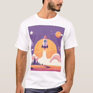 Unisex Rocket Launch Planet Alien Lila Stars Sun T-Shirt