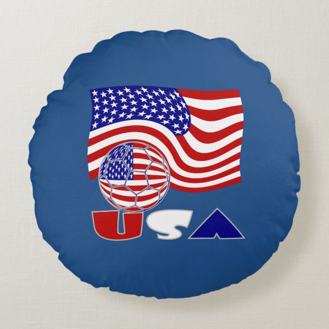United Staaten Flag USA Soccer Ball Blue Hintergru Rundes Kissen (Vorderseite)