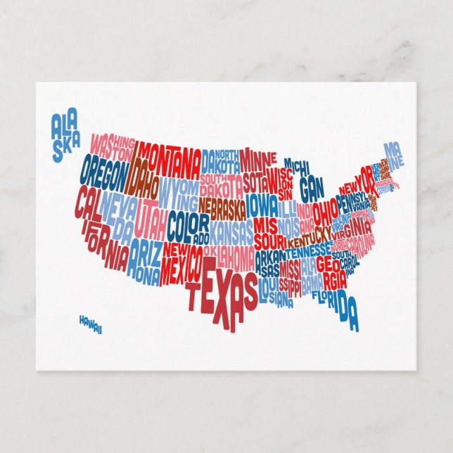 United Staaten Typografy Text Map Postkarte (Vorderseite)