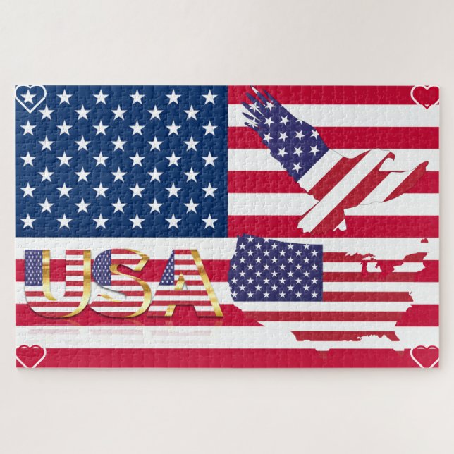 United Staaten - USA Map & Eagle Flag - Herz Puzzle (Horizontal)