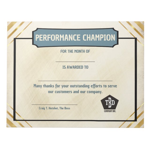 Universal employoee performance award certificates notizblock (Vorderseite)