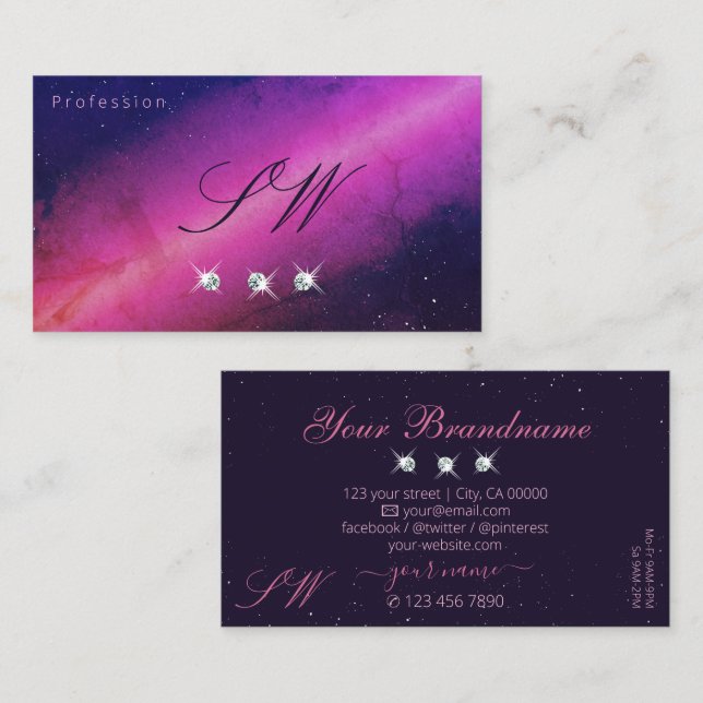 Universe Pink Dark Blue Sparkling Jewels Initials Visitenkarte (Vorne/Hinten)