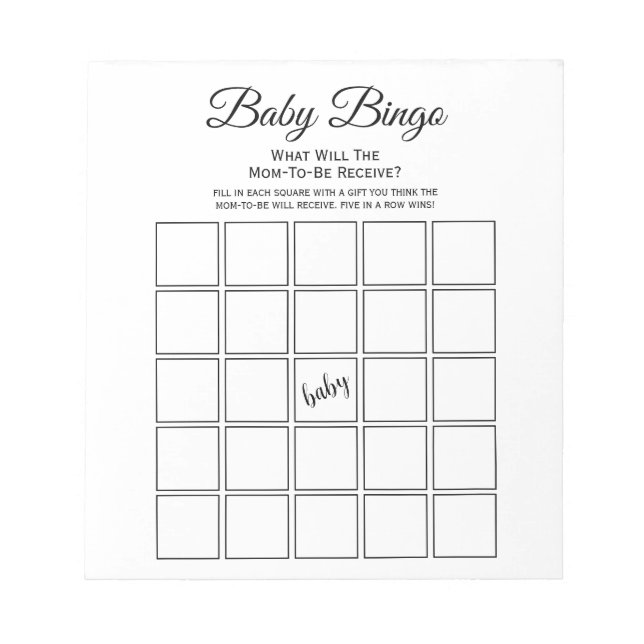 Universelles White Baby Dusche Bingo Party Game Notizblock (Vorderseite)
