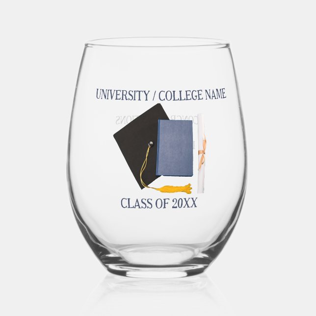 University Graduation Stemless Wine Glass Weinglas Ohne Stiel (Vorderseite)