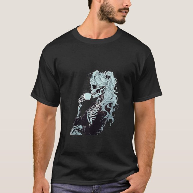 Unordentliche Bun Kaffee trinkende Skelett-DIY-Hal T-Shirt (Vorderseite)