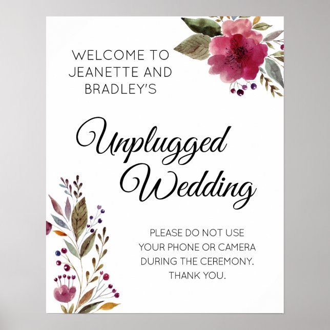 Unplugged Wedding Burgundy Floral Wedding Sign Poster (Vorne)