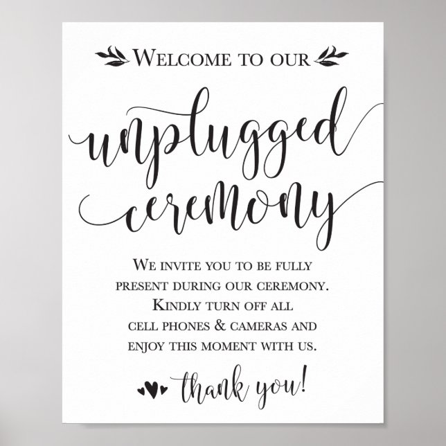 Unplugged Wedding Ceremony Sign 8x10 Poster (Vorne)