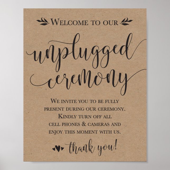 Unplugged Wedding Ceremony Sign 8x10 Poster (Vorne)