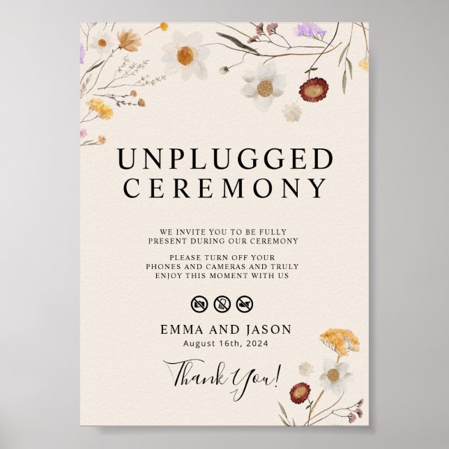 Unplugged Wedding Ceremony Sign Boho Wildblume Poster (Vorne)
