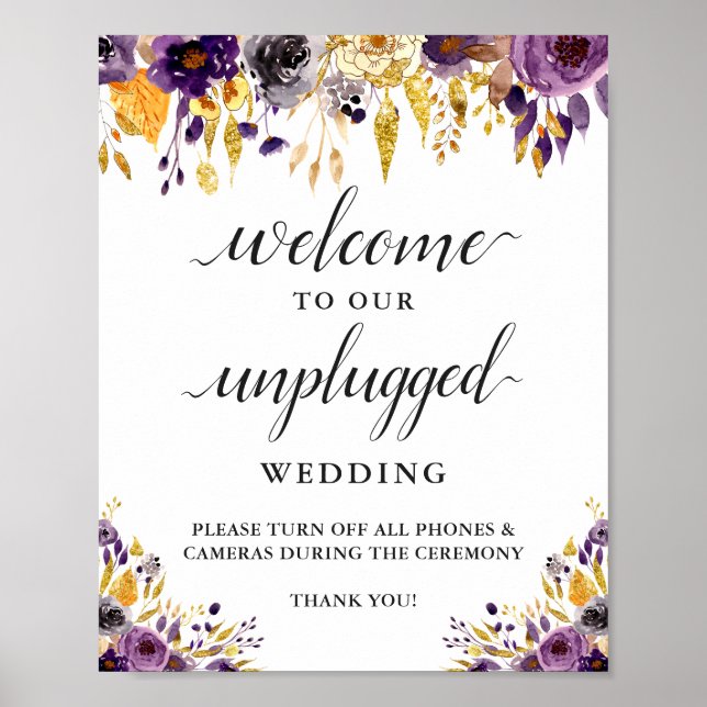 Unplugged Wedding Zeremony Sign Lila Gold Floral Poster (Vorne)