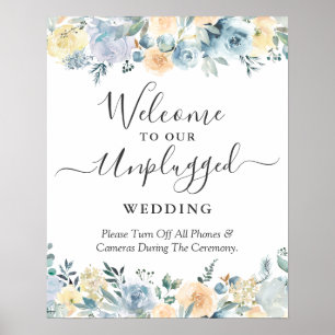 Unplugged Wedding Zeremony Sign Peach Blue Floral Poster