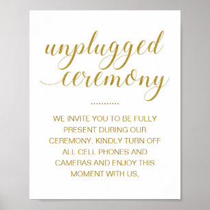 Unplugged Zeremonie Elegant Gold Script Hochzeit Poster