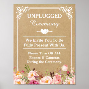 Unplugged Zeremonie Wedding Sign Floral Kraft Poster