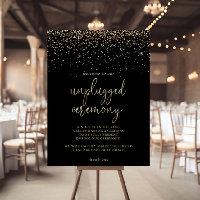 Unplugged Zeremony Gold Confetti Script Sign Poster (Von Creator hochgeladen)