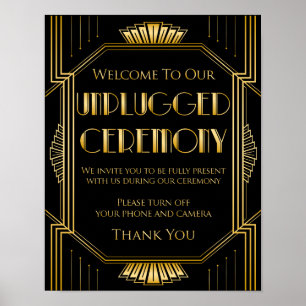 Unplugged Zeremony Wedding Sign   Gatsby Art Deco Poster