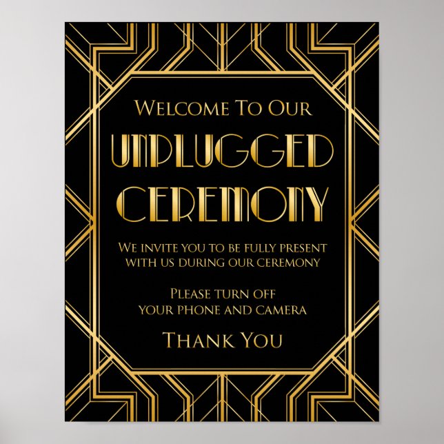 Unplugged Zeremony Wedding Sign | Gatsby Art Deco Poster (Vorne)