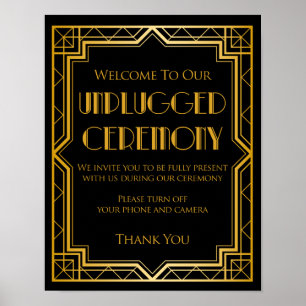 Unplugged Zeremony Wedding Sign   Gatsby Art Deco Poster